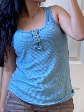 Ribbed Henley Tank Top - Light Blue